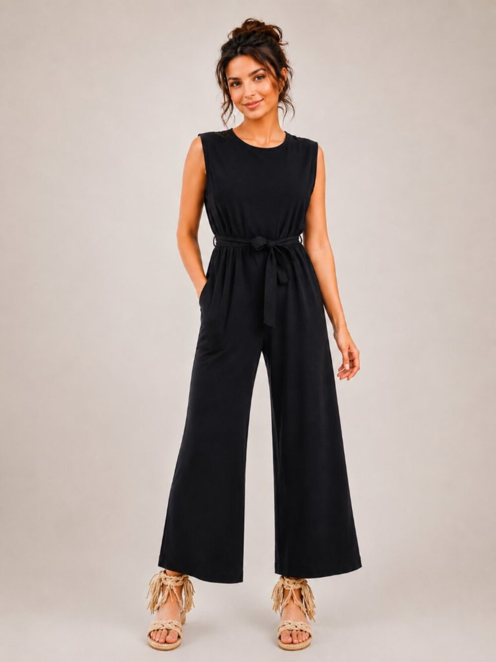 Max Studio Black Wide Leg Tie Waist Jumpsuit Side Pockets Size Medium